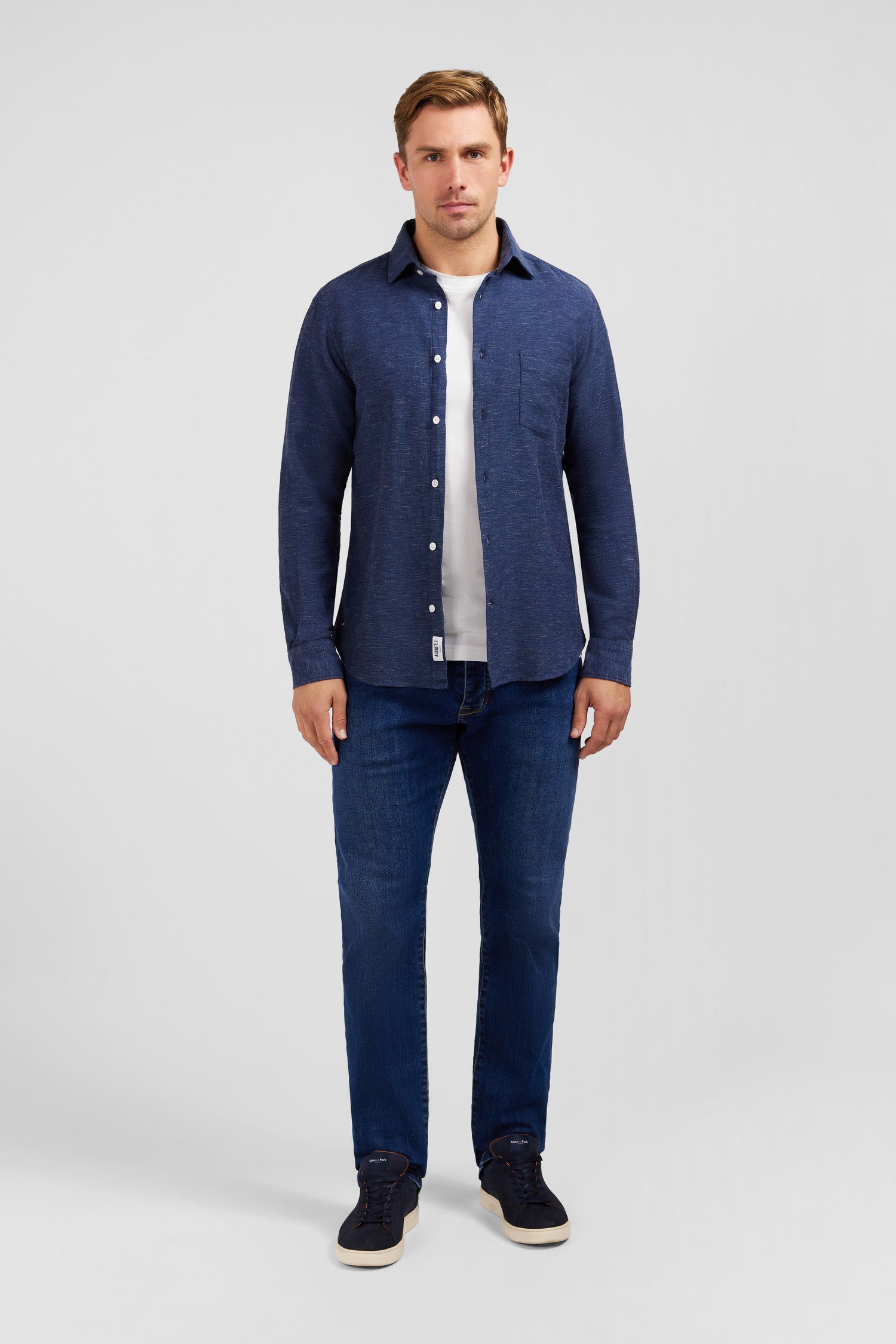 Chemise unie bleu marine en lin Eden Park