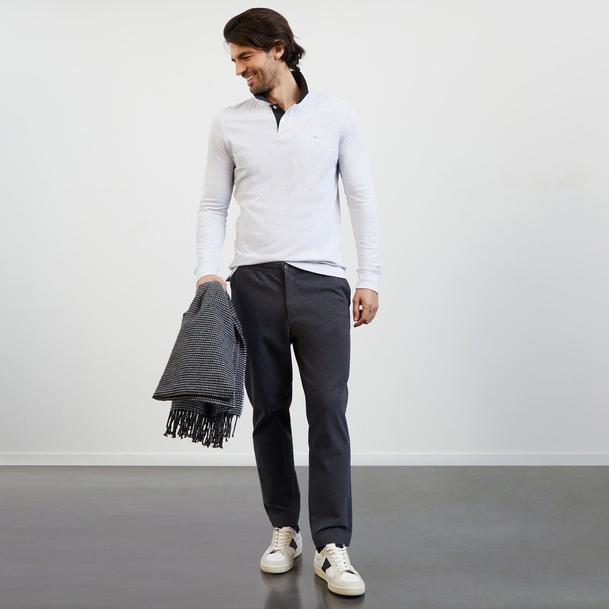 Polo manches longues gris clair homme