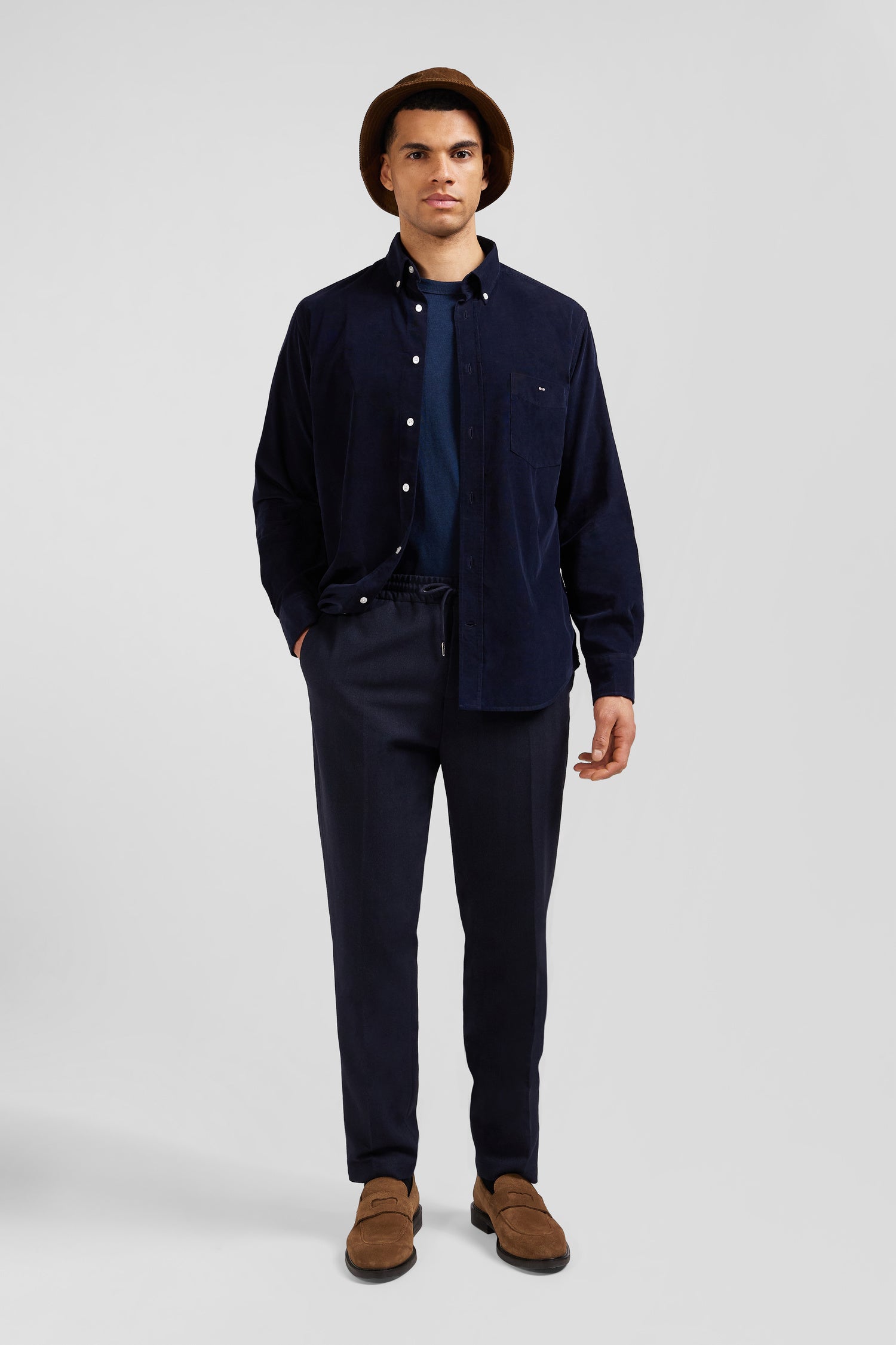 Regular plain navy blue cotton shirt with button down collar and chest Eden Park