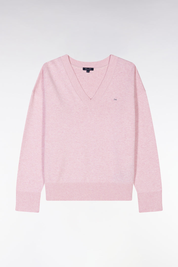 Pull col V en coton rose coupe décontractée