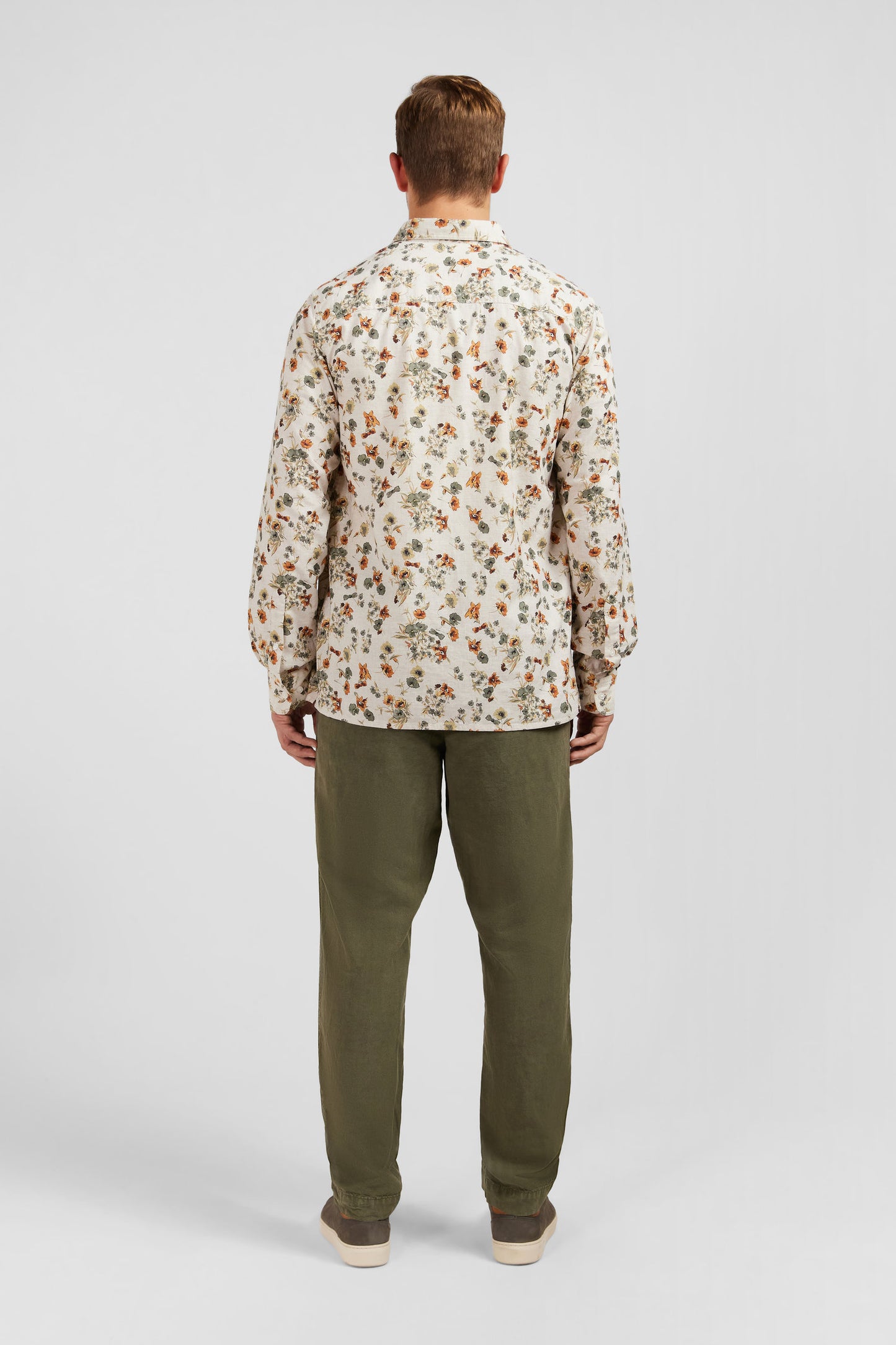 Chemise beige en coton flammé imprimée fleurs