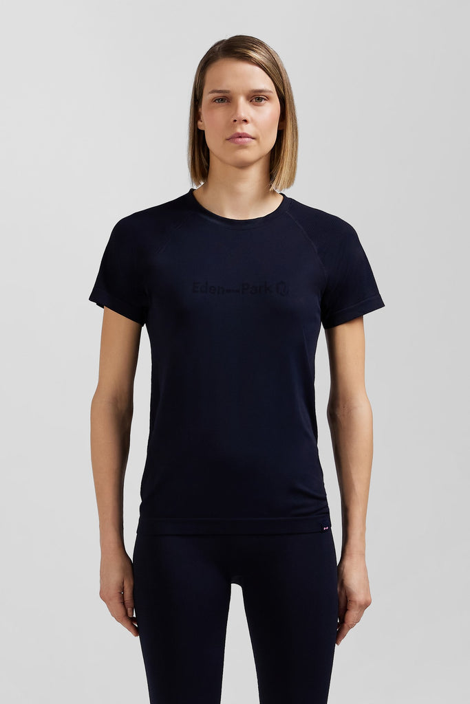 Navy blue short-sleeved sports T-shirt with striped details