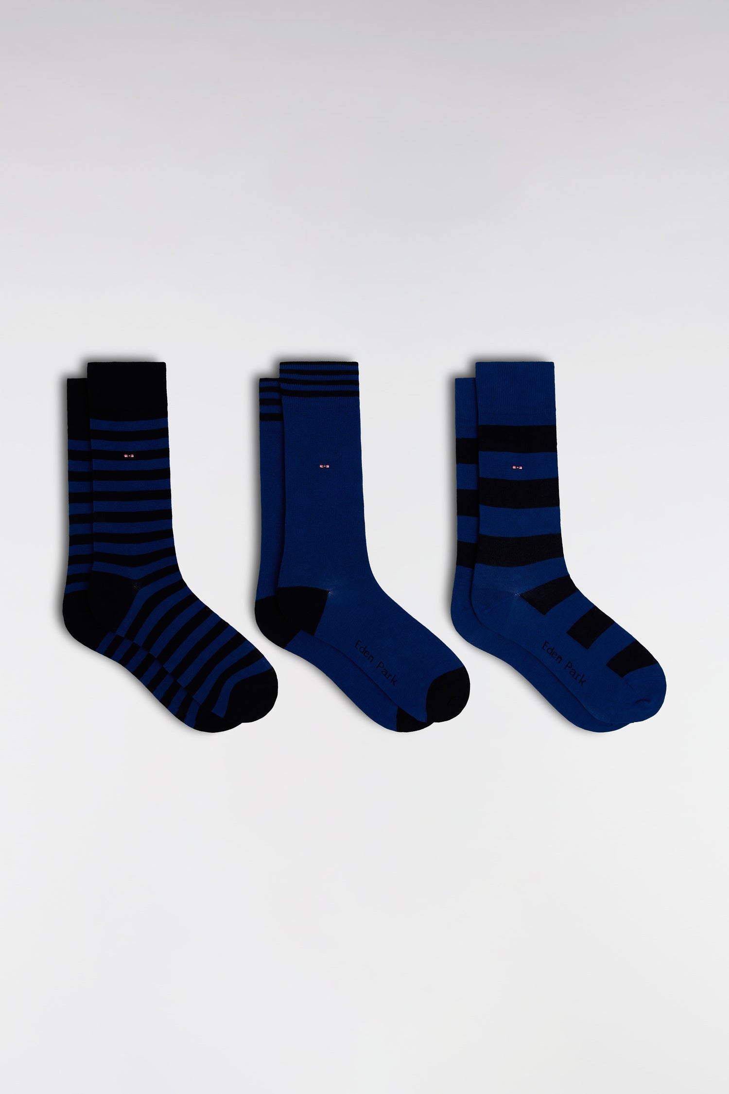 Lot de 3 paires de chaussettes cerclées marine et bleues en coton stretch mélangé