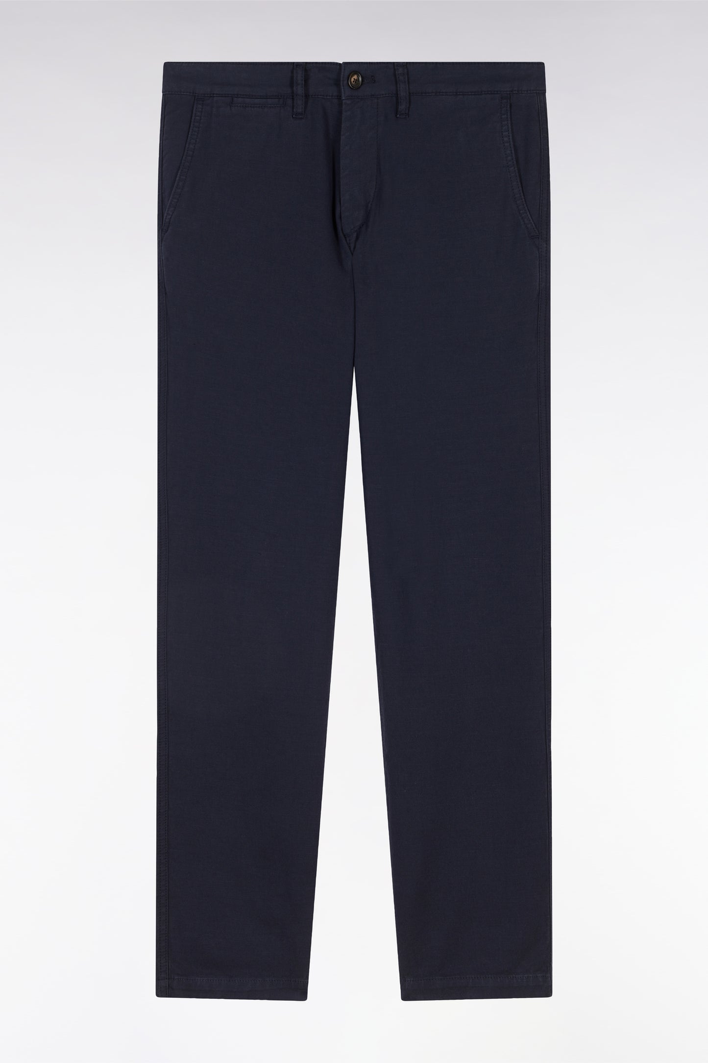 Pantalon chino sans pli en coton et lin stretch marine coupe droite