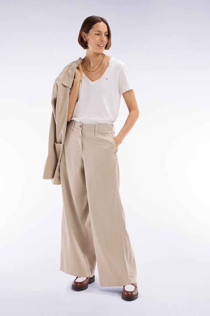 Pantalon en lin et coton stretch beige coupe décontractée