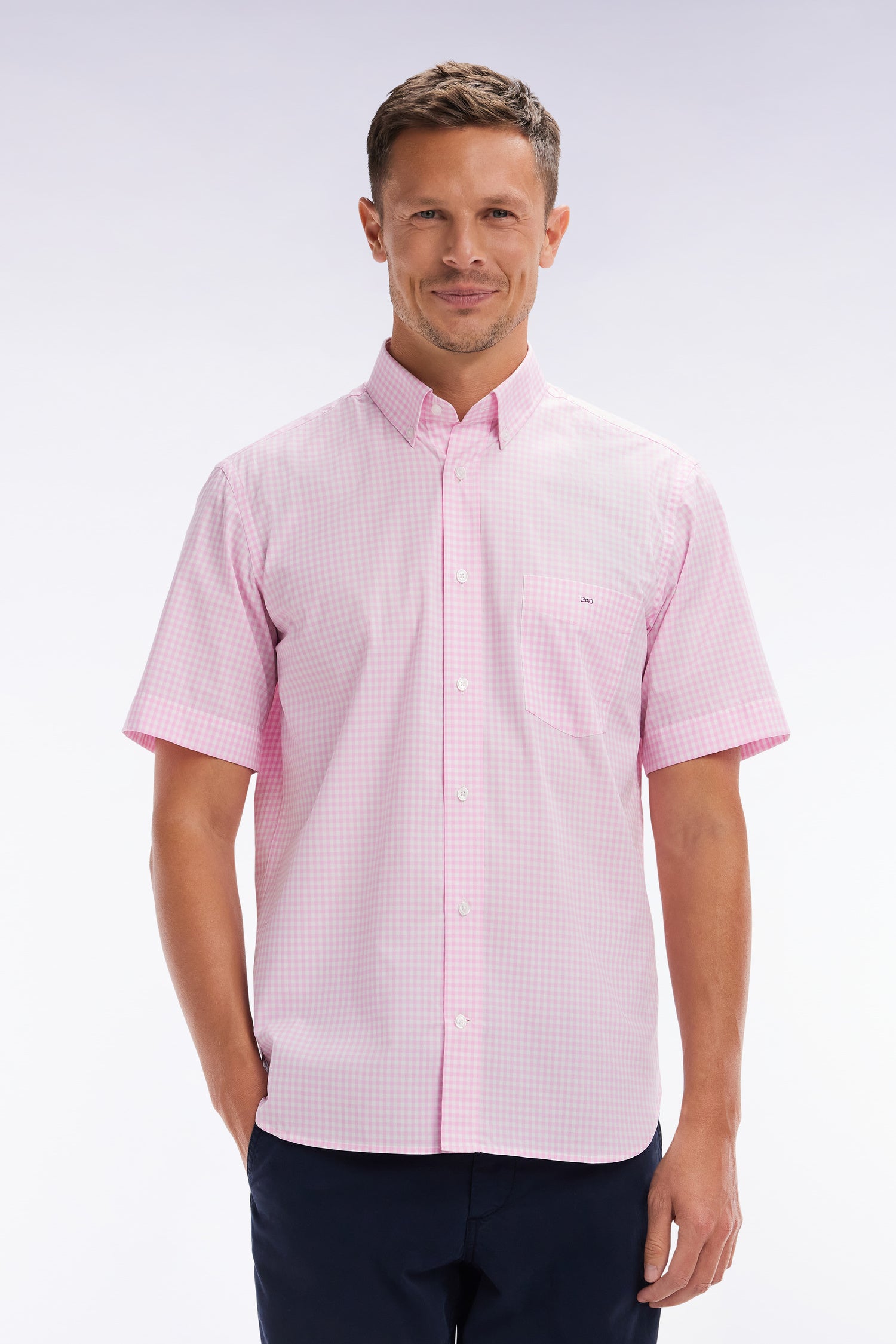 Chemise à manches courtes vichy en coton rose coupe droite