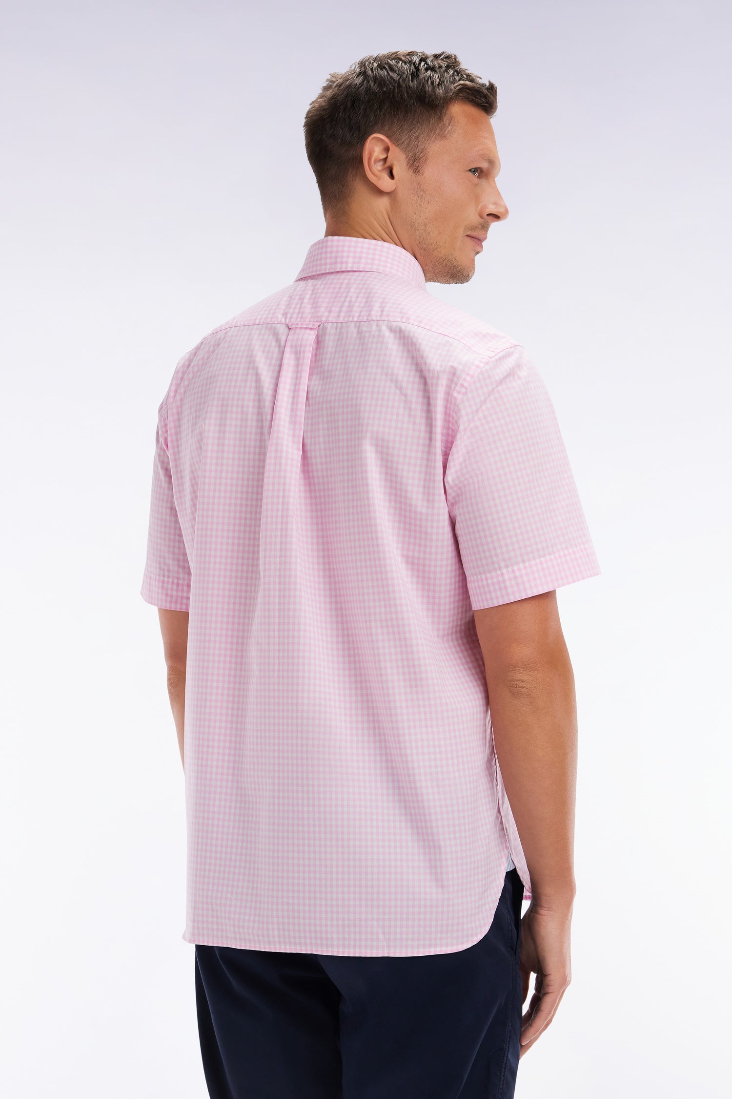 Chemise à manches courtes vichy en coton rose coupe droite