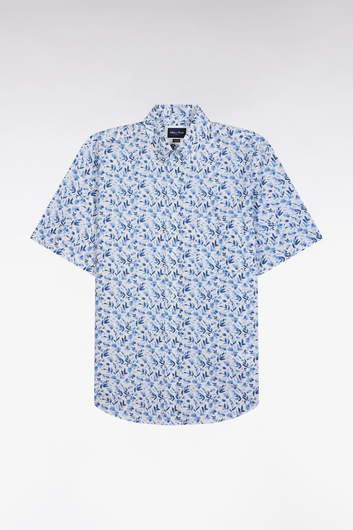 Chemise à manches courtes en popeline de coton bleue imprimé végétal coupe droite