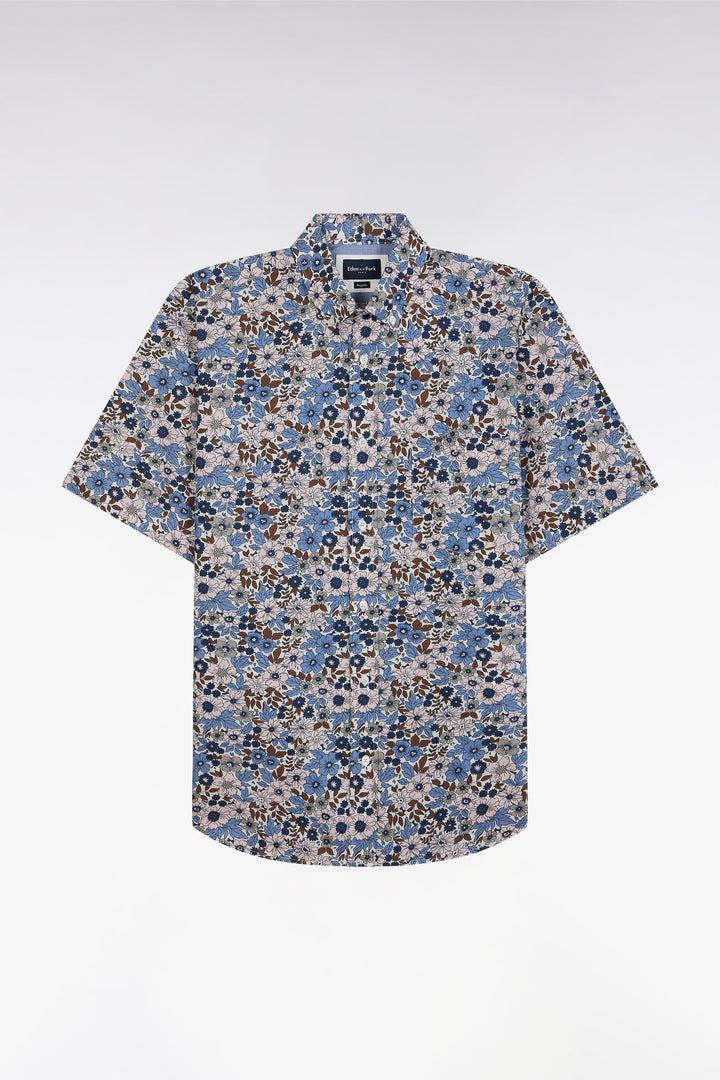 Chemise à manches courtes en popeline de coton bleue imprimé floral coupe droite