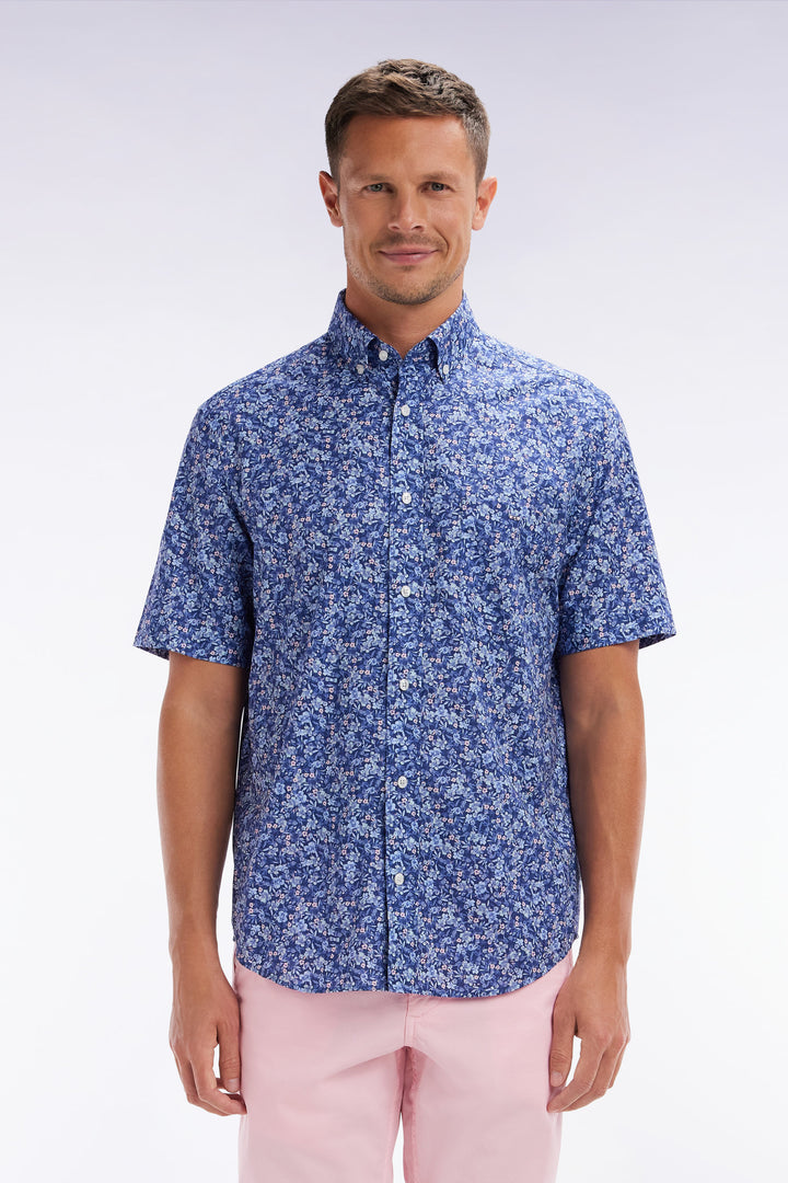 Chemise à manches courtes en popeline de coton Pima bleue micromotif floral coupe droite