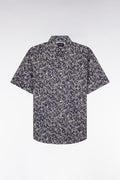 Chemise à manches courtes en popeline de coton Pima gris foncé micromotif floral coupe droite