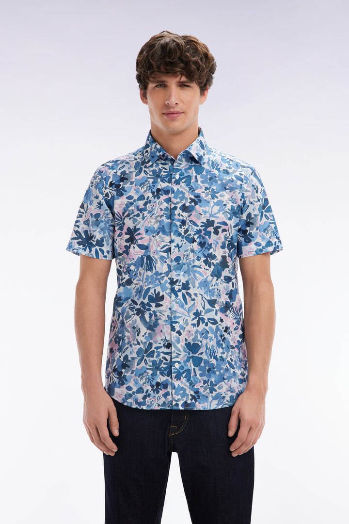 Chemise à manches courtes en coton imprimé floral marine coupe ajustée