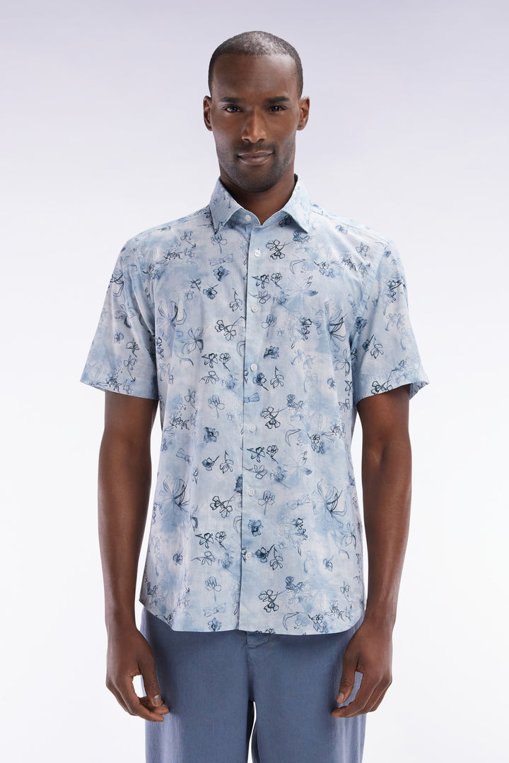 Chemise à manches courtes en coton bleu-gris à imprimé floral coupe ajustée