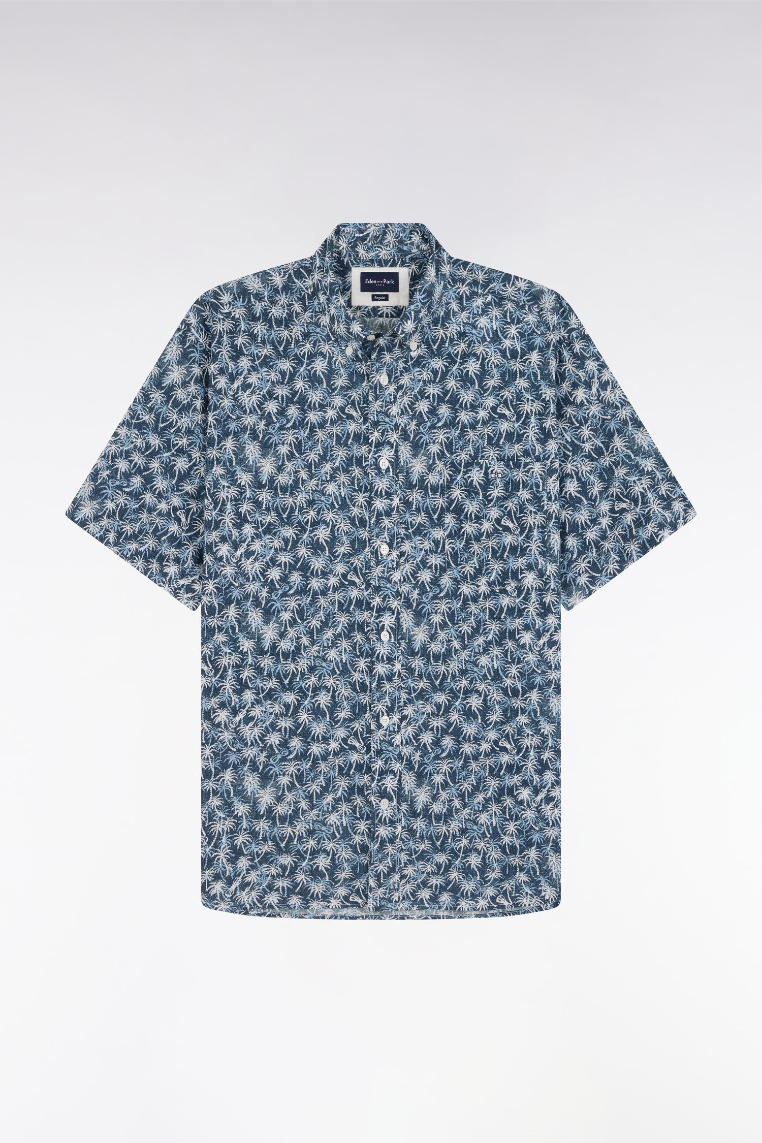 Chemise à manches courtes en coton marine à microimprimé palmiers coupe droite