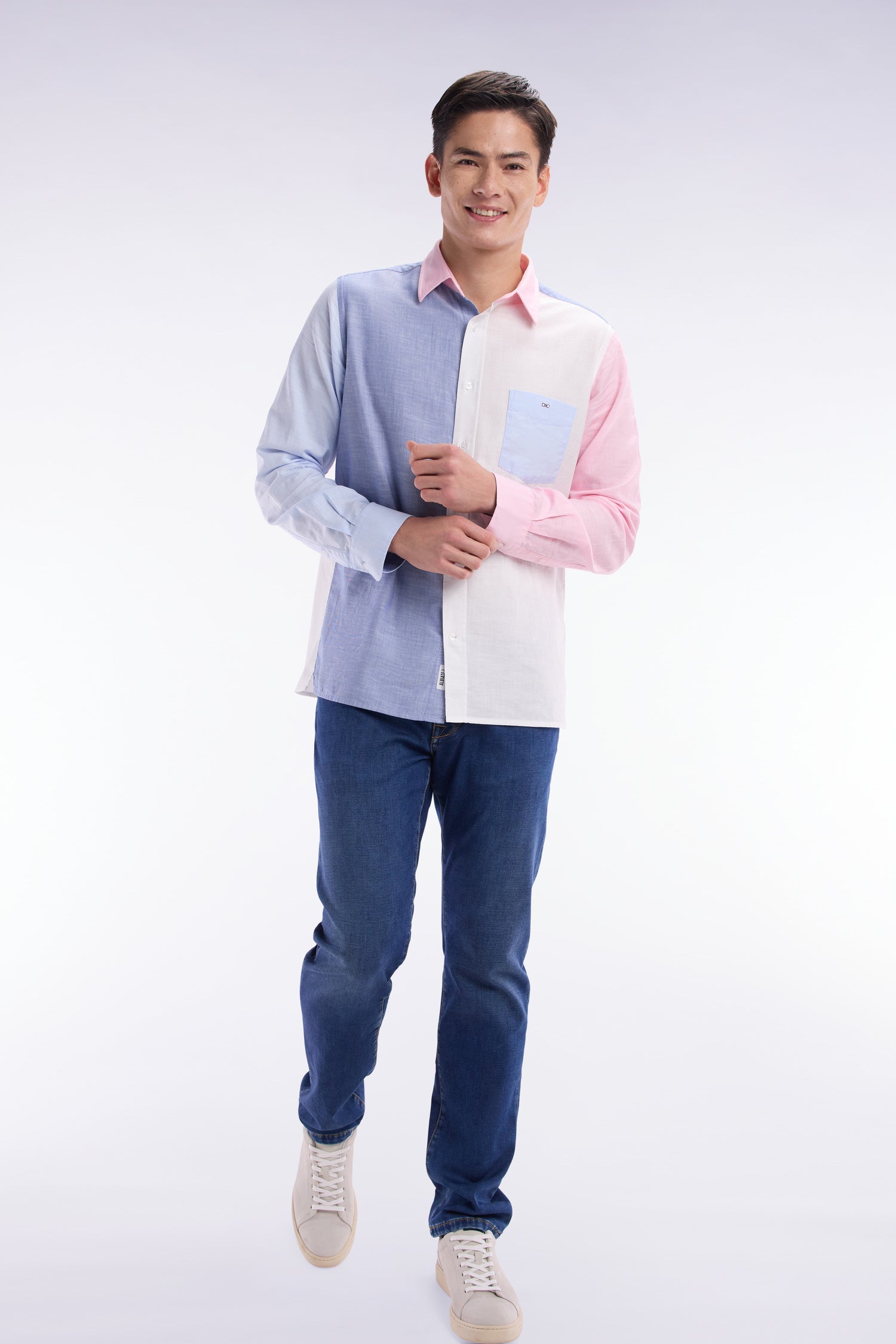 Chemise colorblock bleue et rose coupe droite