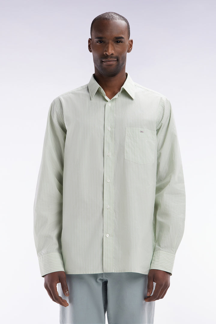 Chemise en coton verte et blanche à rayures bâtons coupe droite