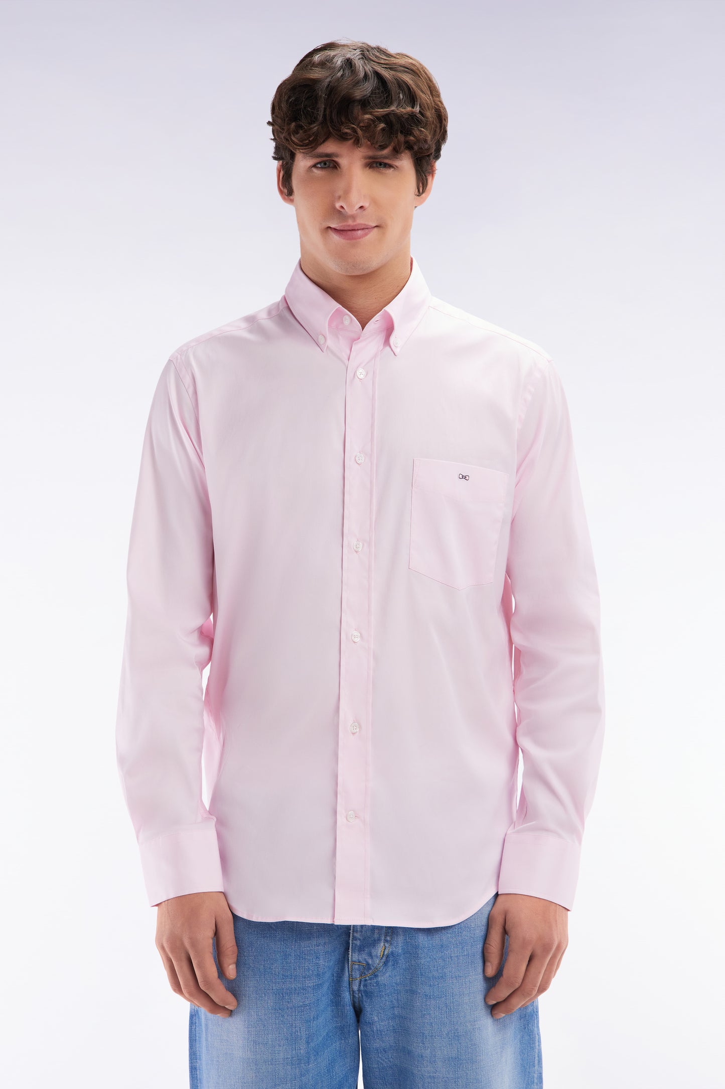 Chemise en twill de coton rose unie coupe droite