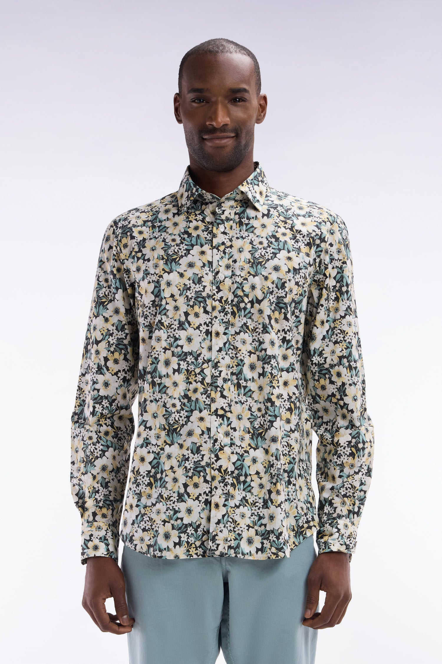 Chemise en popeline de coton à imprimé floral coupe droite