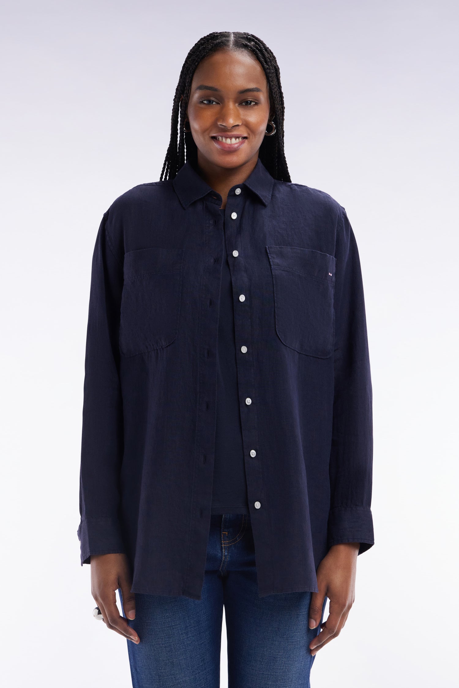 Chemise à poches plaquées en lin marine coupe oversized