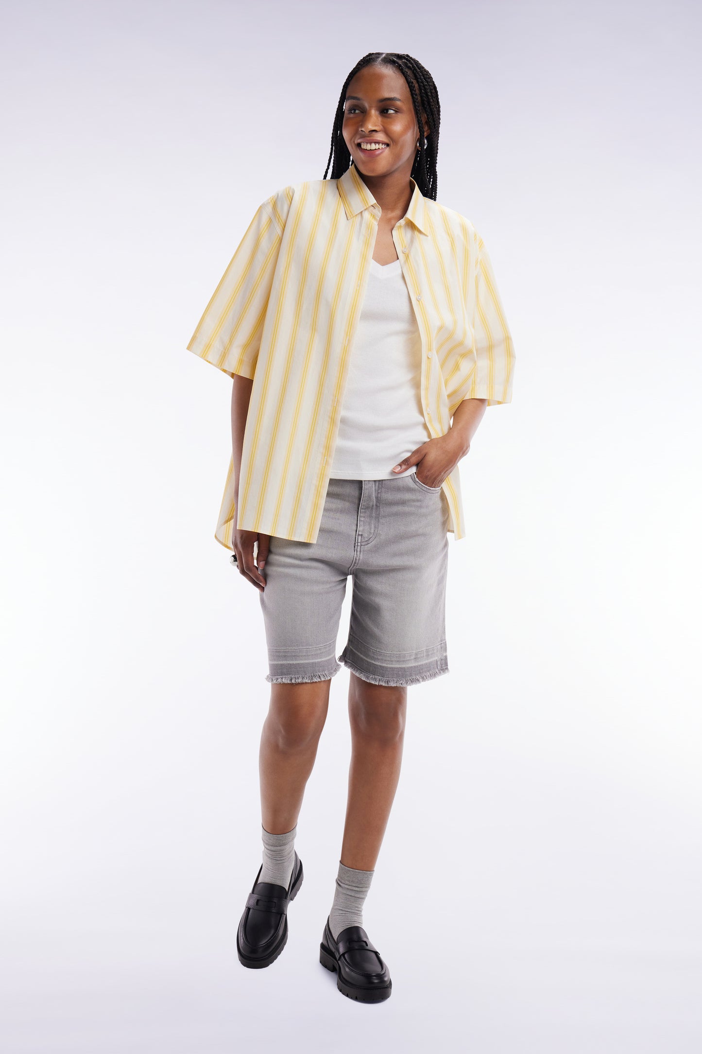 Chemise à manches courtes rayée en coton jaune et blanche coupe oversized