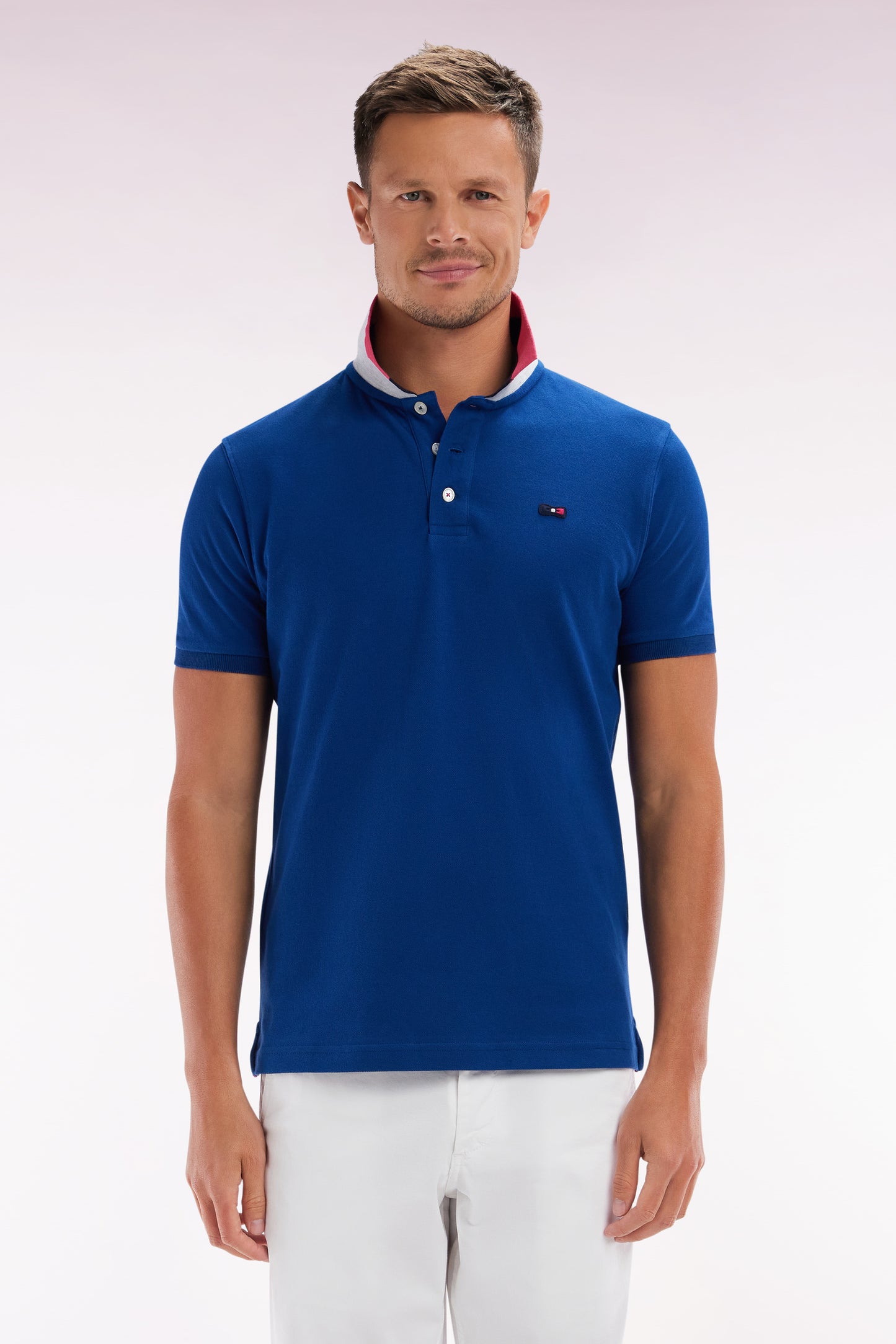 Polo à manches courtes en coton bleu col bicolore jacquard Eden Park coupe droite