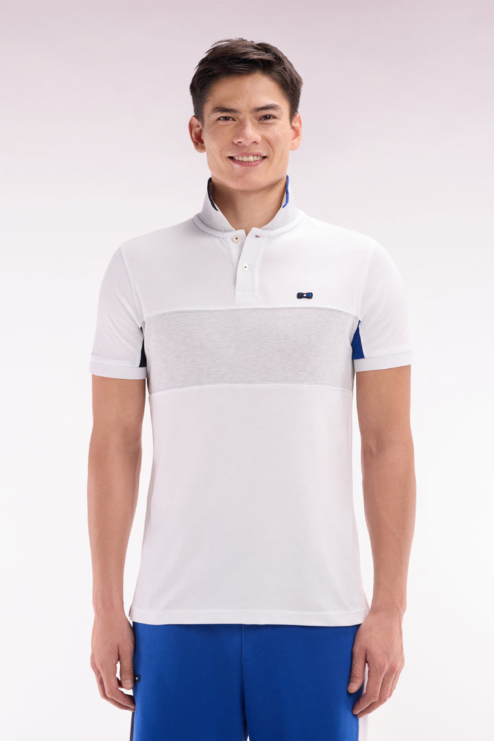 Polo à manches courtes colorblock en coton blanc détails gris et marine coupe droite