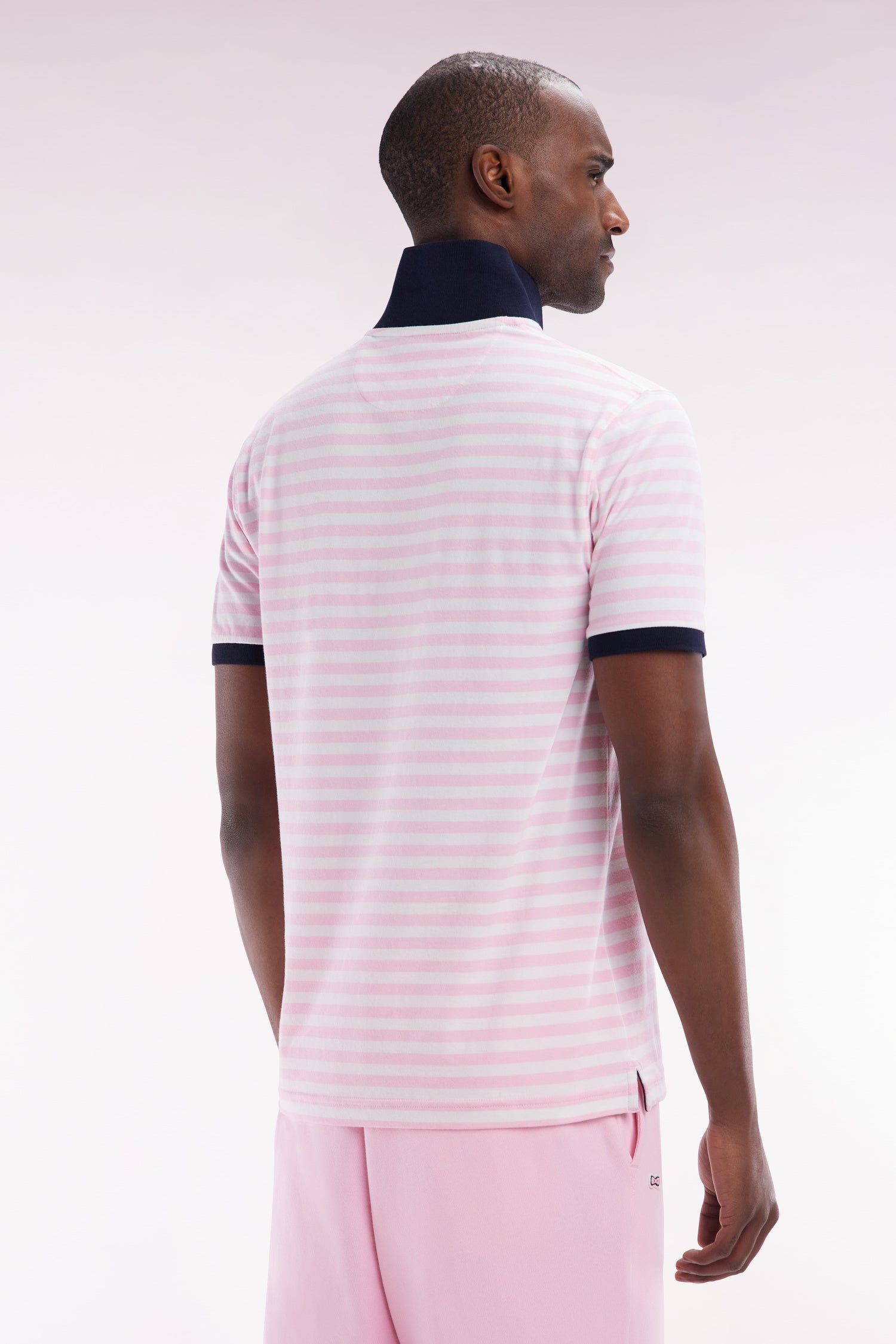 Polo marinière à manches courtes en coton stretch rayé rose coupe ajustée