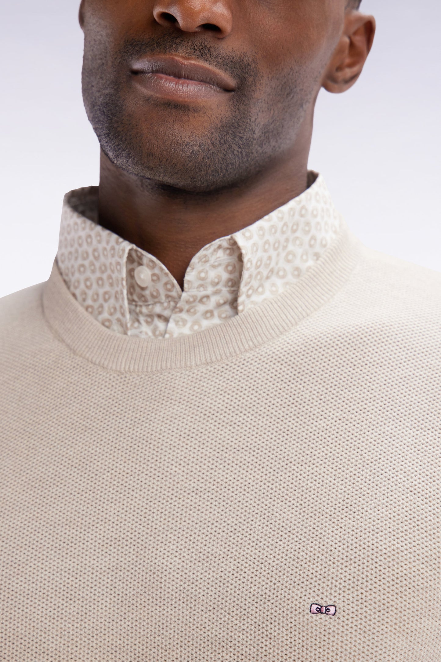 Pull col rond en coton nid d'abeille beige coupe droite