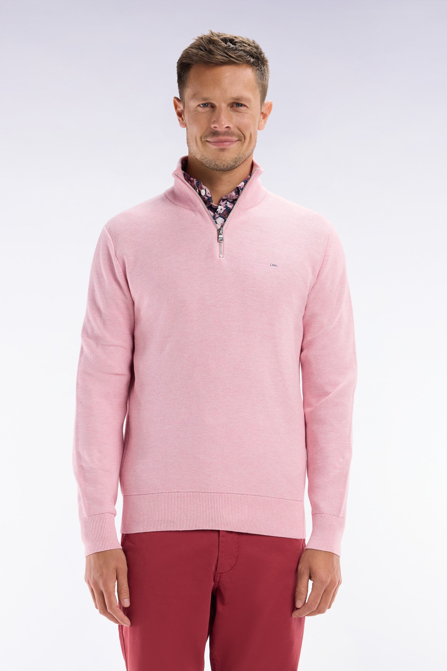 Pull col camionneur en coton nid d'abeille rose coupe droite