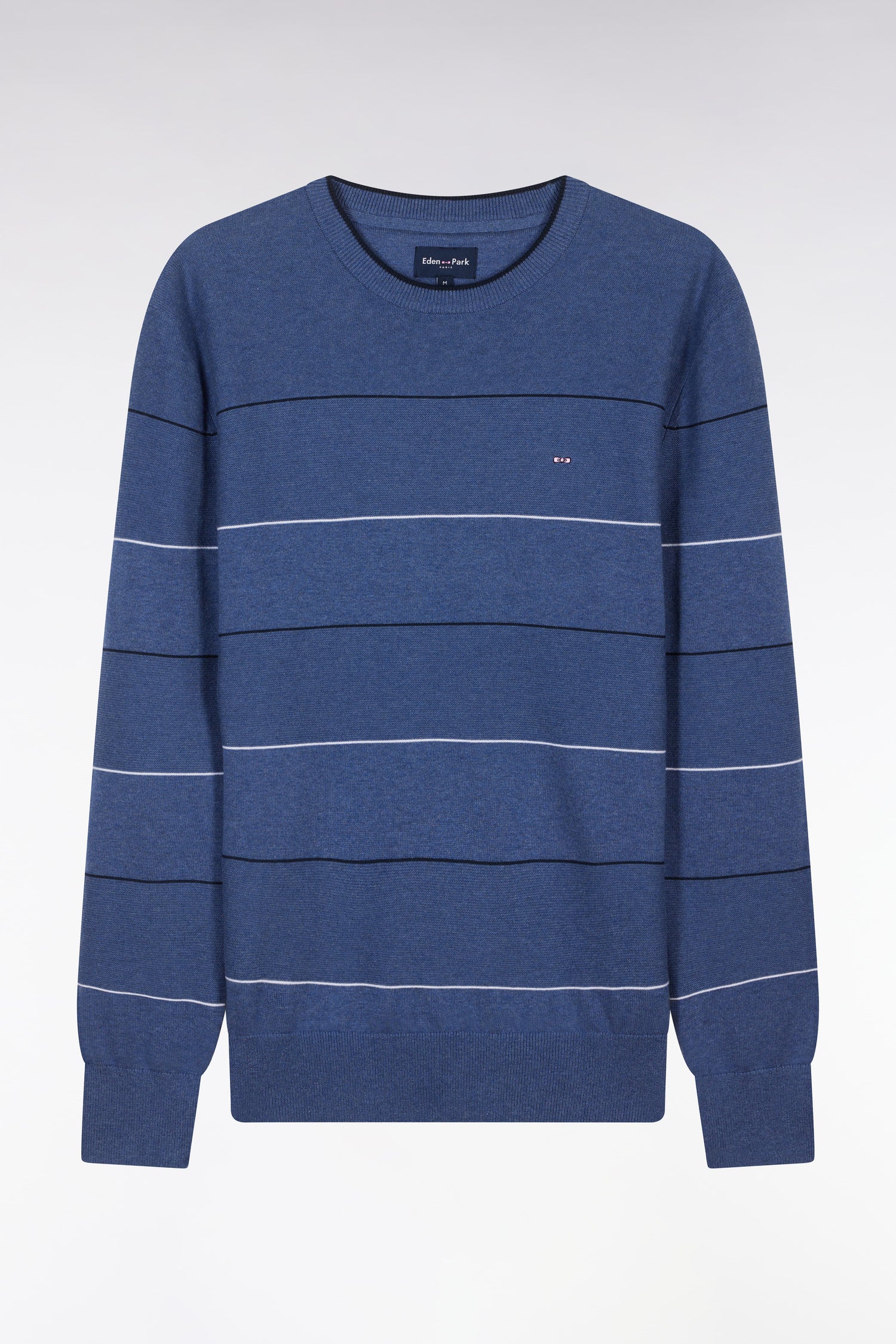 Pull col rond cerclé en coton bleu