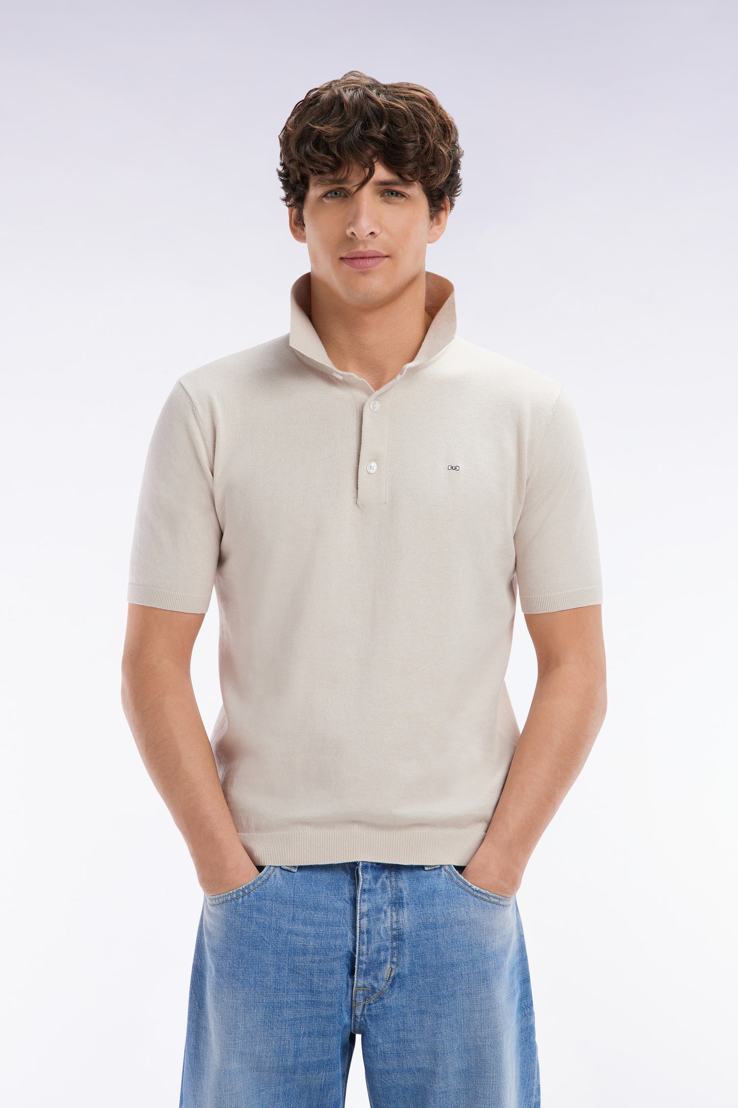 Pull col polo en coton et soie mélangés beige coupe droite