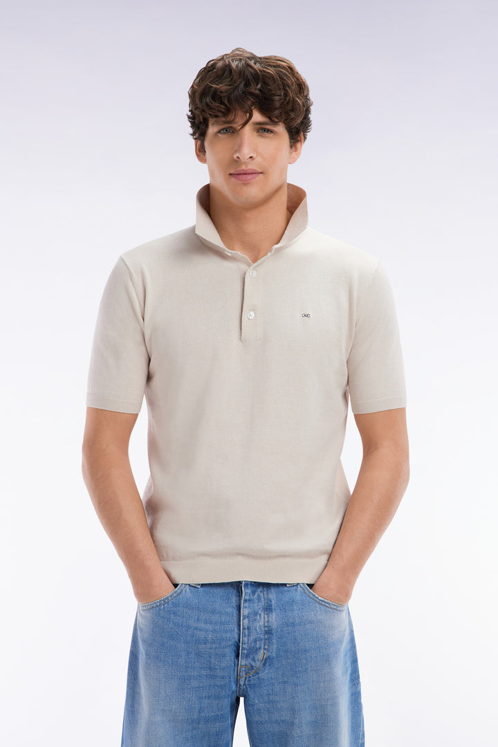 Pull col polo en coton et soie mélangés beige coupe droite