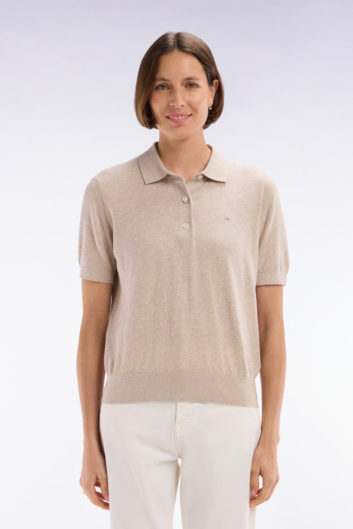 Pull manches courtes à col polo beige coupe droite