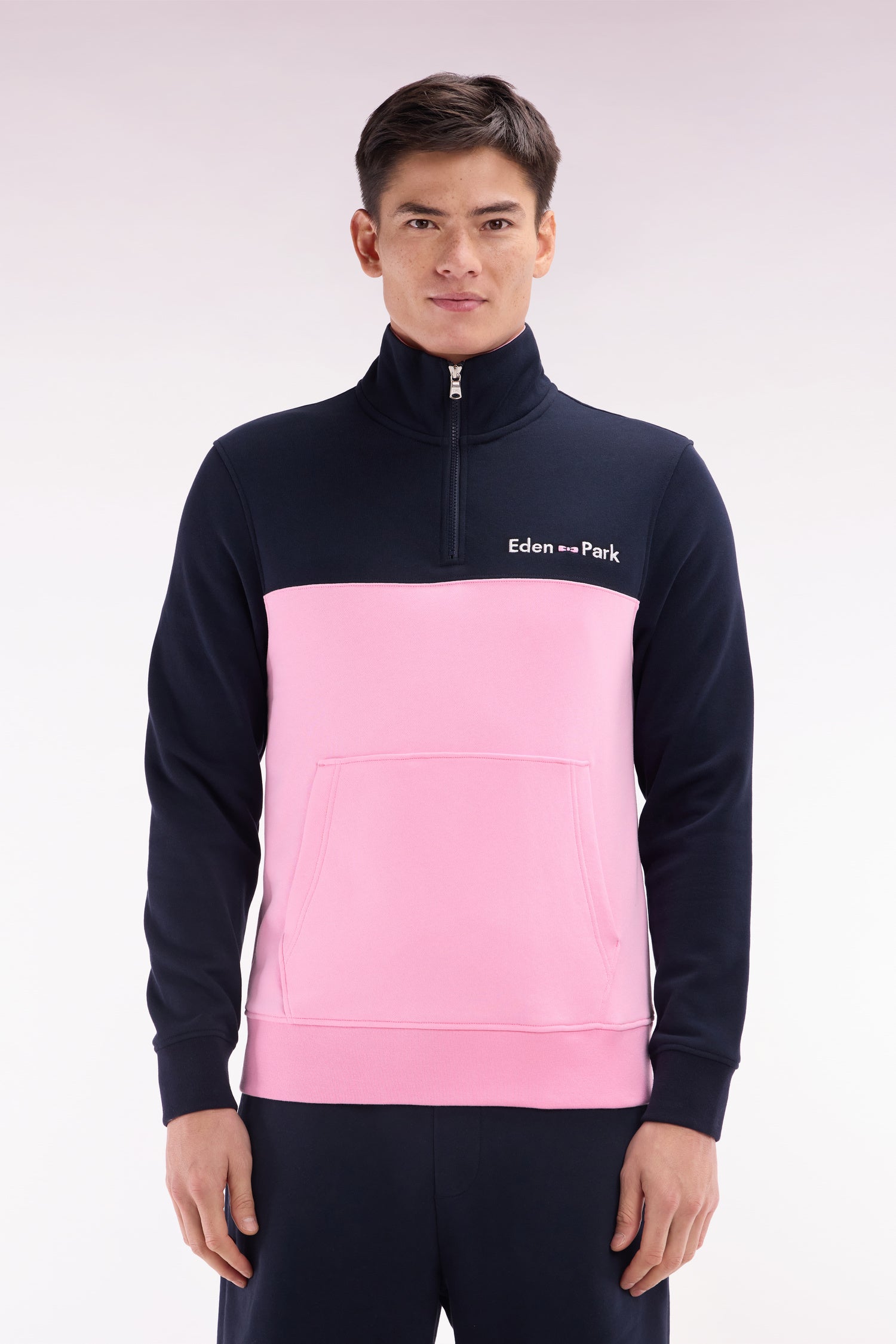 Sweatshirt à col camionneur en coton bicolore rose et marine coupe droite