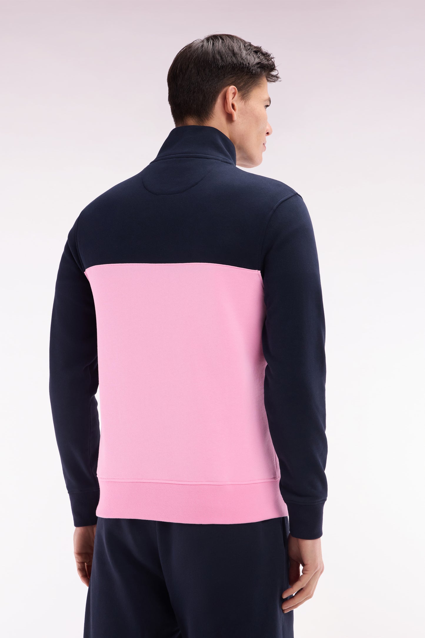 Sweatshirt à col camionneur en coton bicolore rose et marine coupe droite