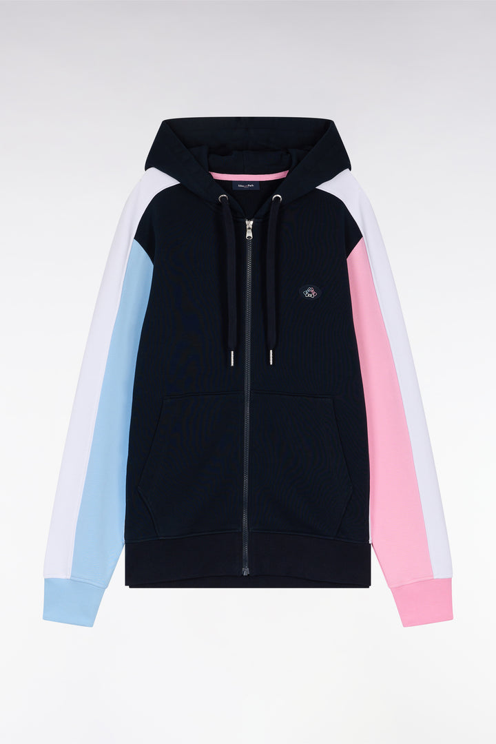 Sweatshirt zippé en molleton coton colorblock marine coupe droite