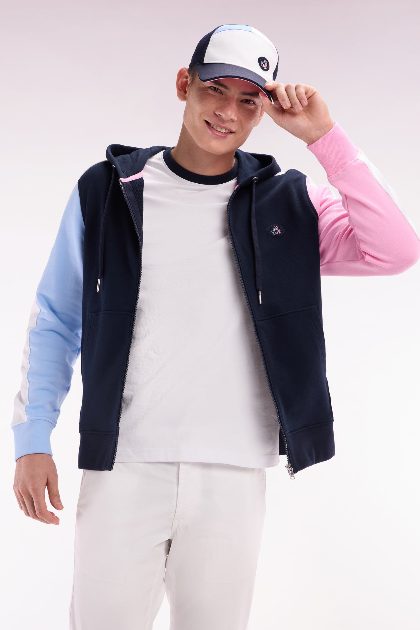 Sweatshirt zippé en molleton coton colorblock marine coupe droite