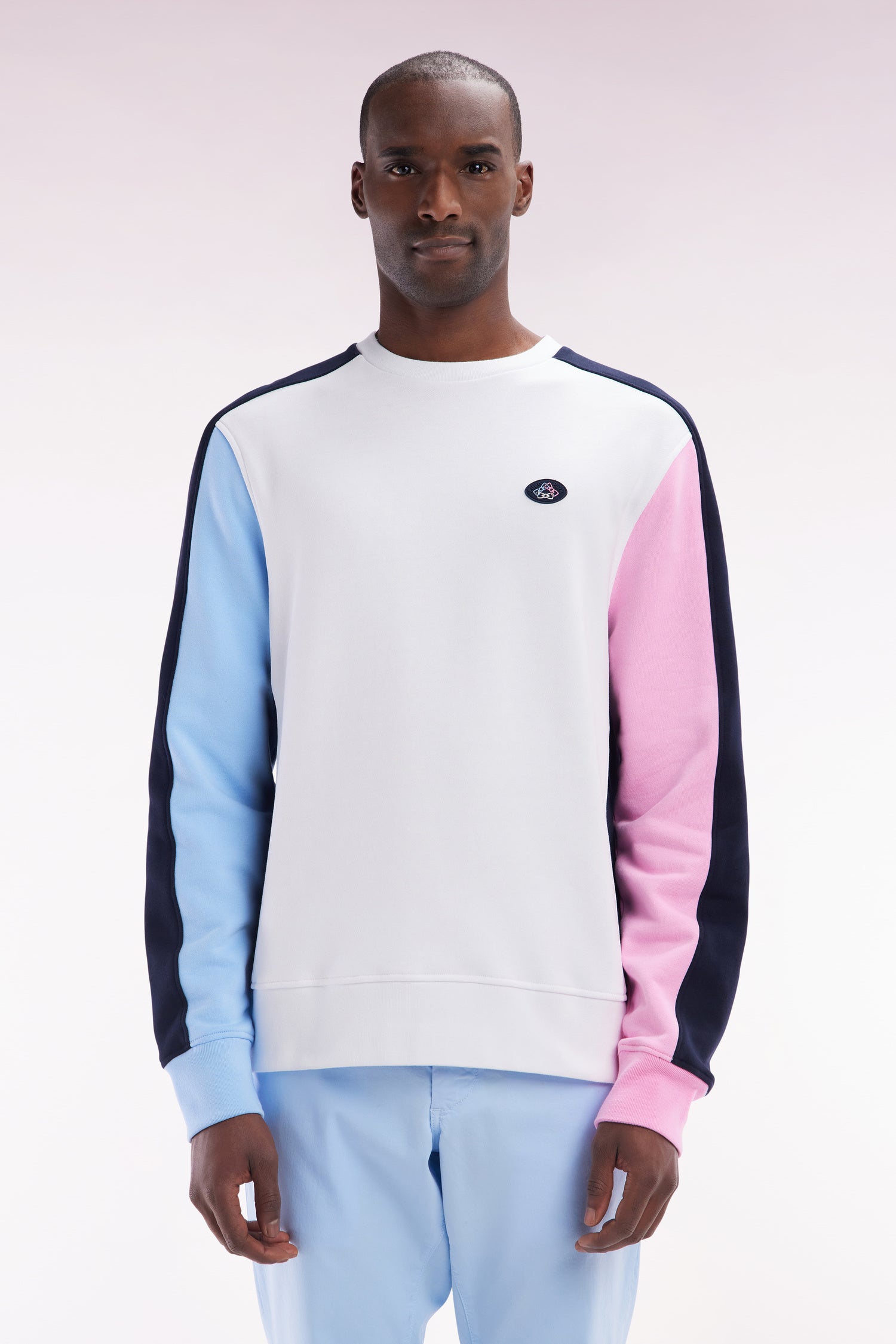 Sweatshirt tricolore en molleton coton blanc coupe droite