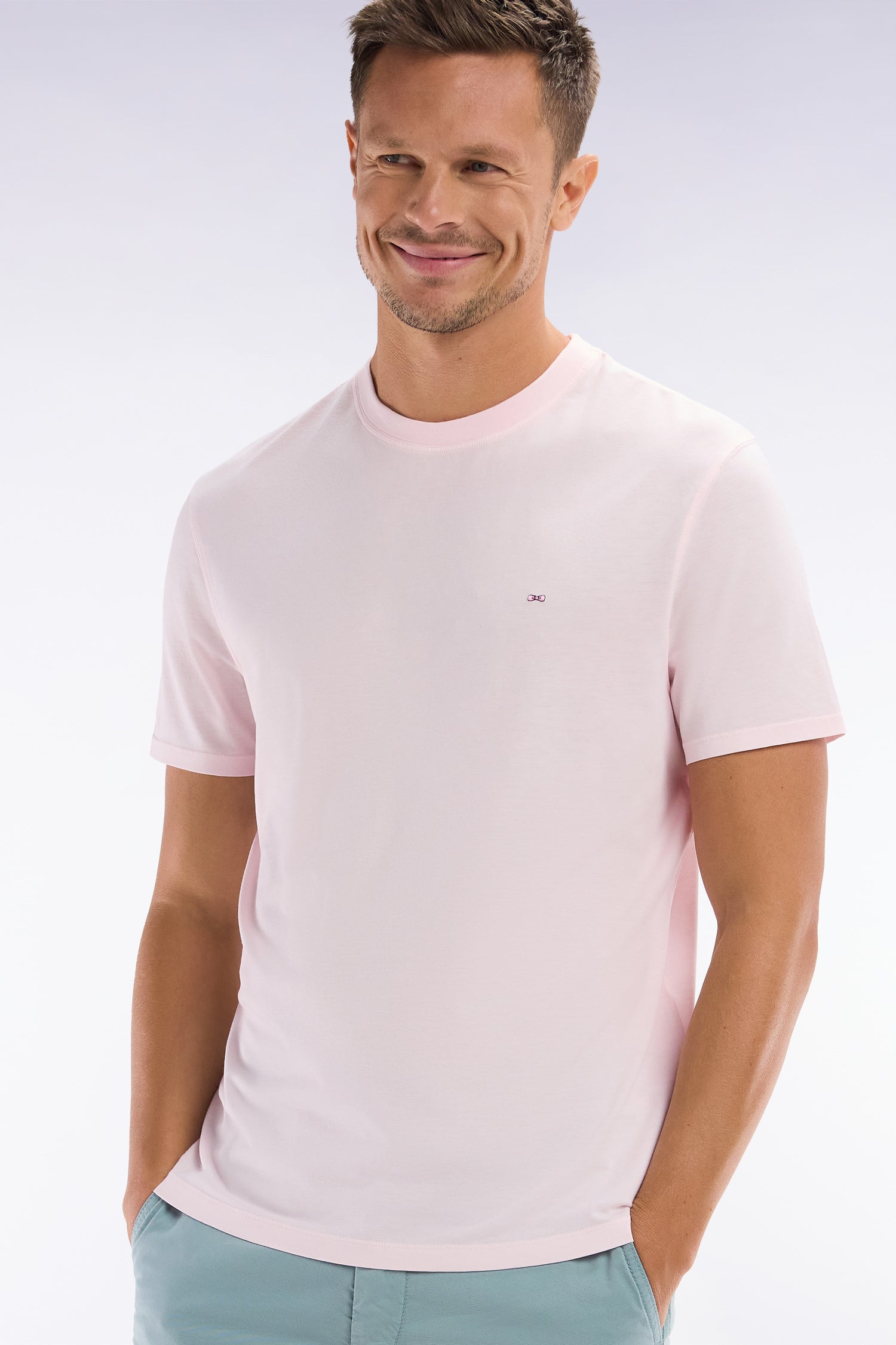 T-shirt rose pâle uni en lyocell et coton coupe droite