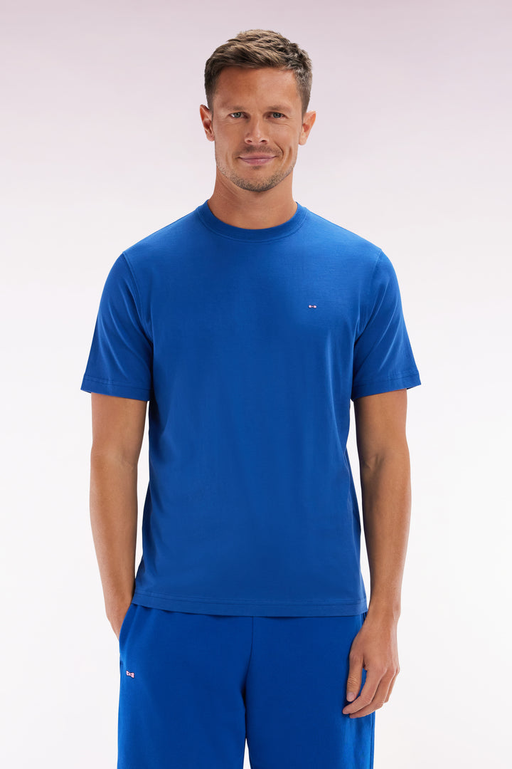 T-shirt en coton Pima bleu foncé broderie dos coupe droite