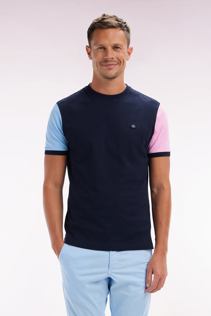 T-shirt colorblock brodé en coton marine coupe droite