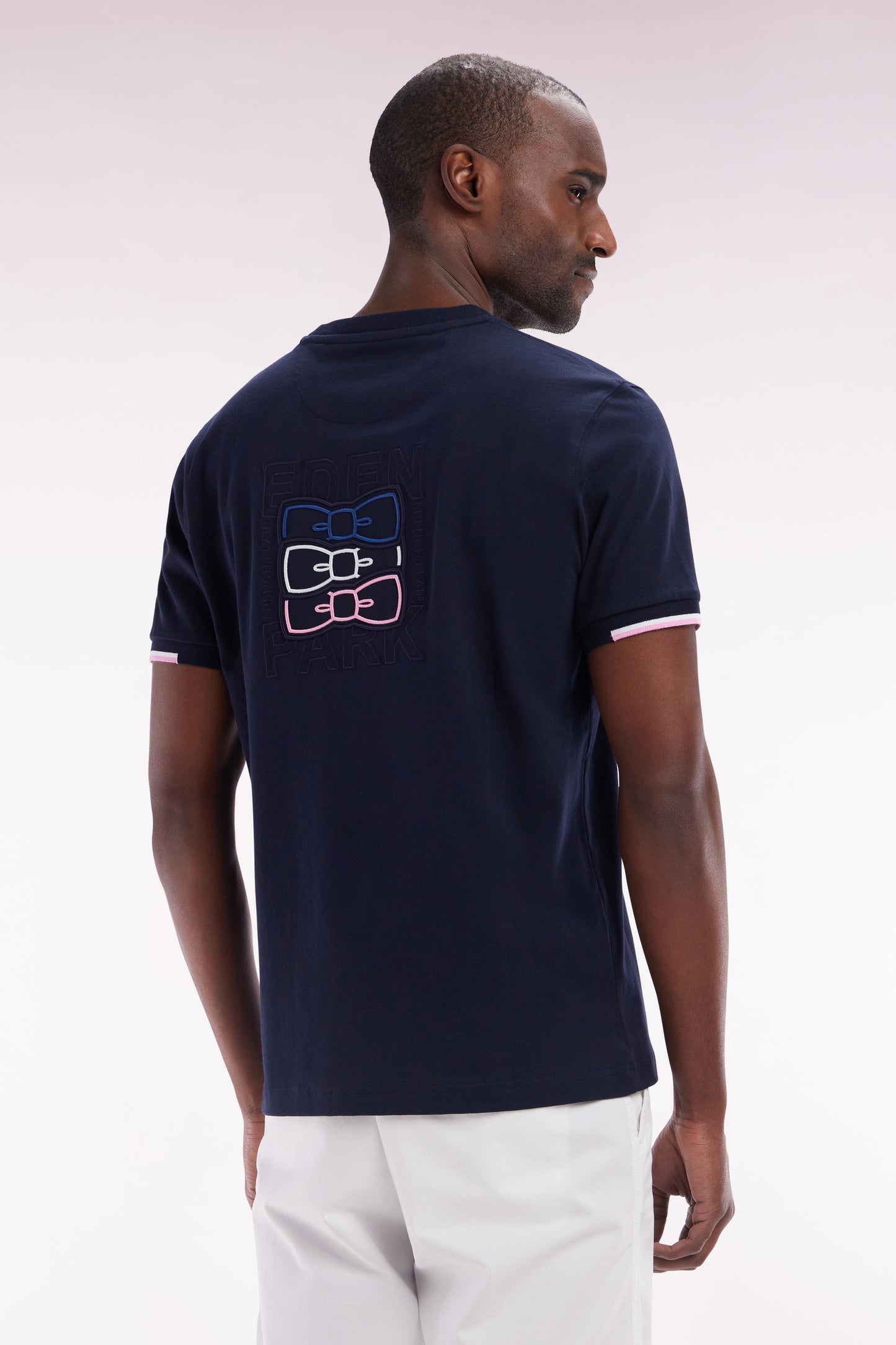 T-shirt en coton marine broderie dos coupe droite