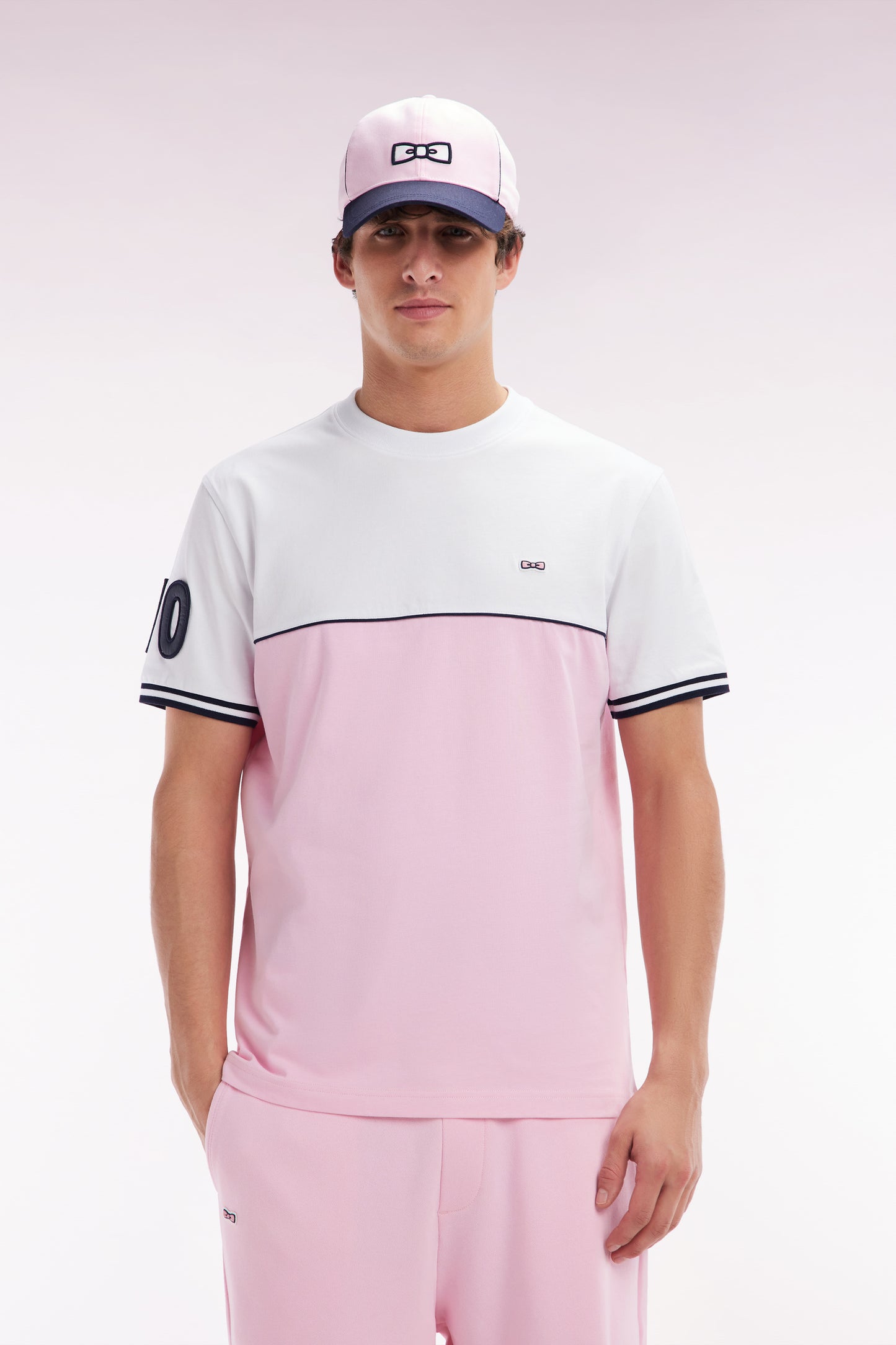 T-shirt bicolore en coton rose coupe décontractée