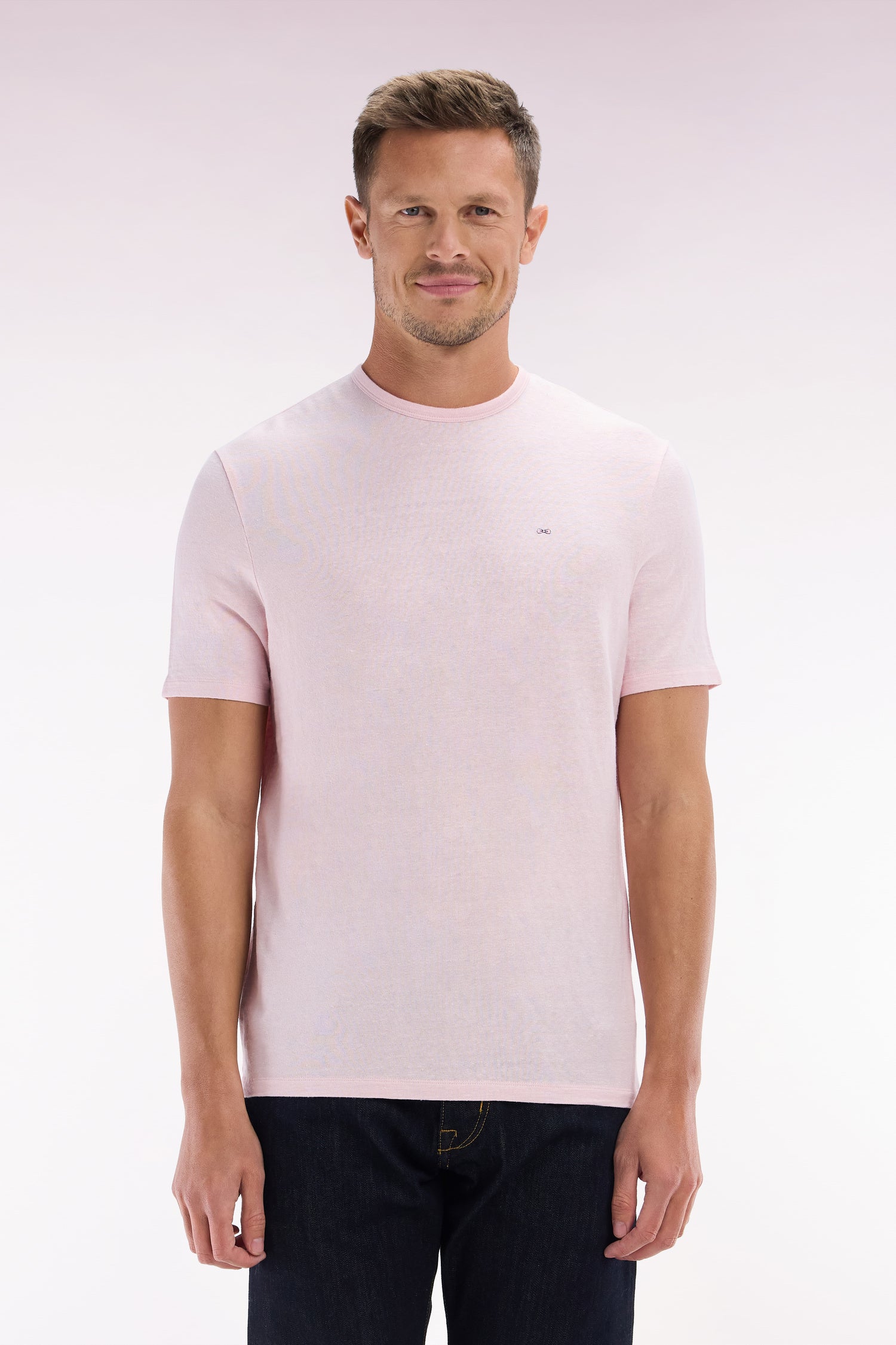 T-shirt uni en lin stretch rose coupe droite