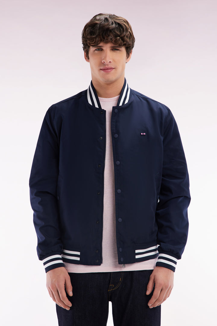 Blouson teddy en nylon marine bords-côtes rayés