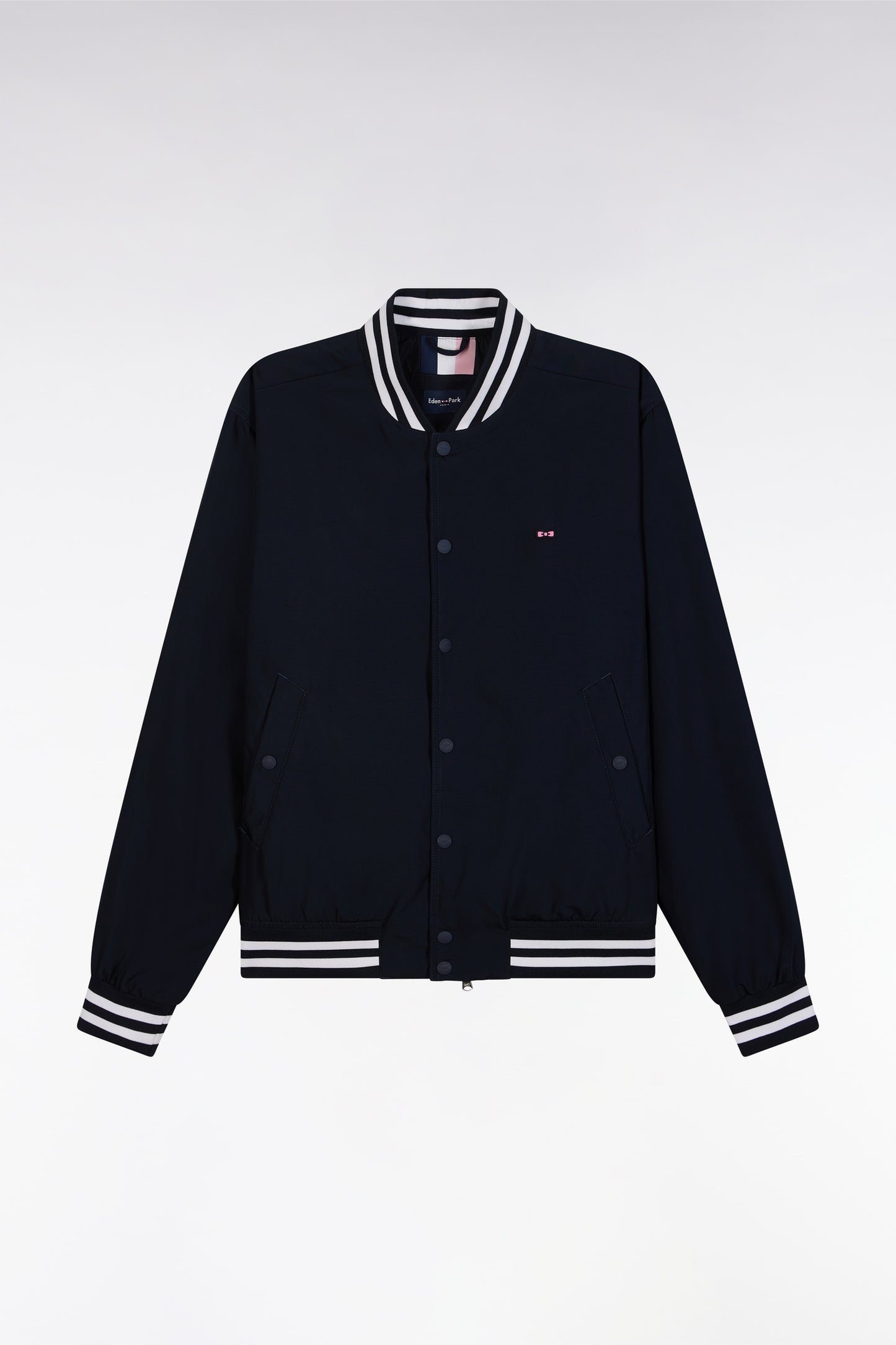 Blouson teddy en nylon marine bords-côtes rayés