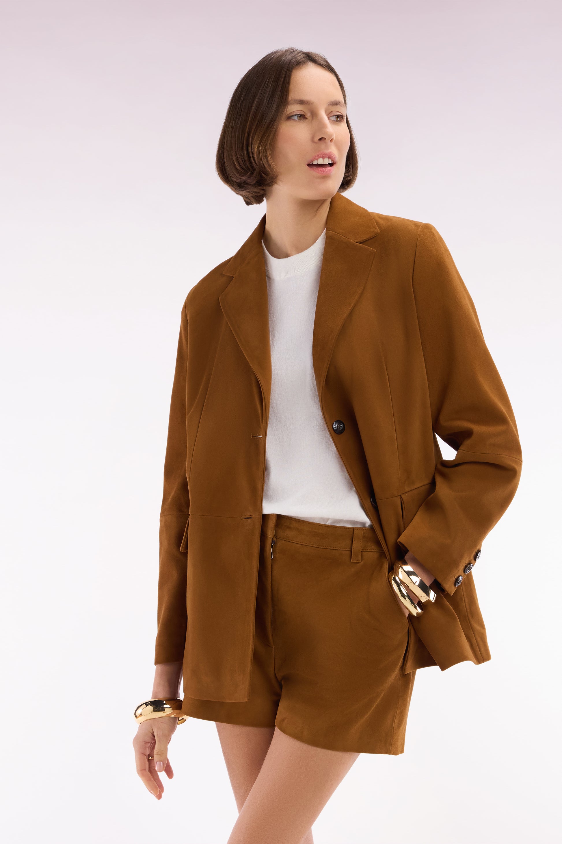 Veste blazer en cuir suédé marron