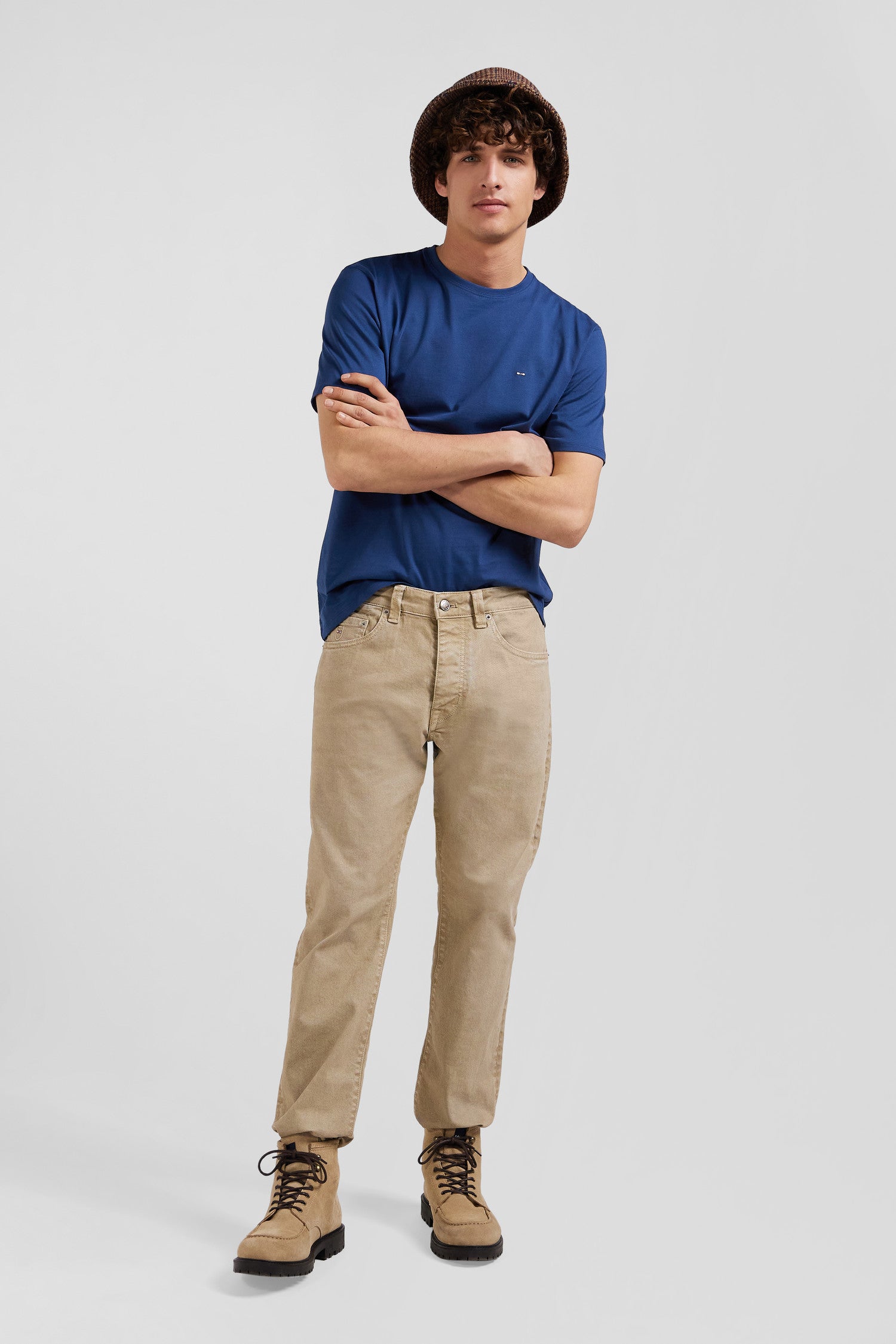 Regular hemp-coloured stretch cotton 5-pocket trousers