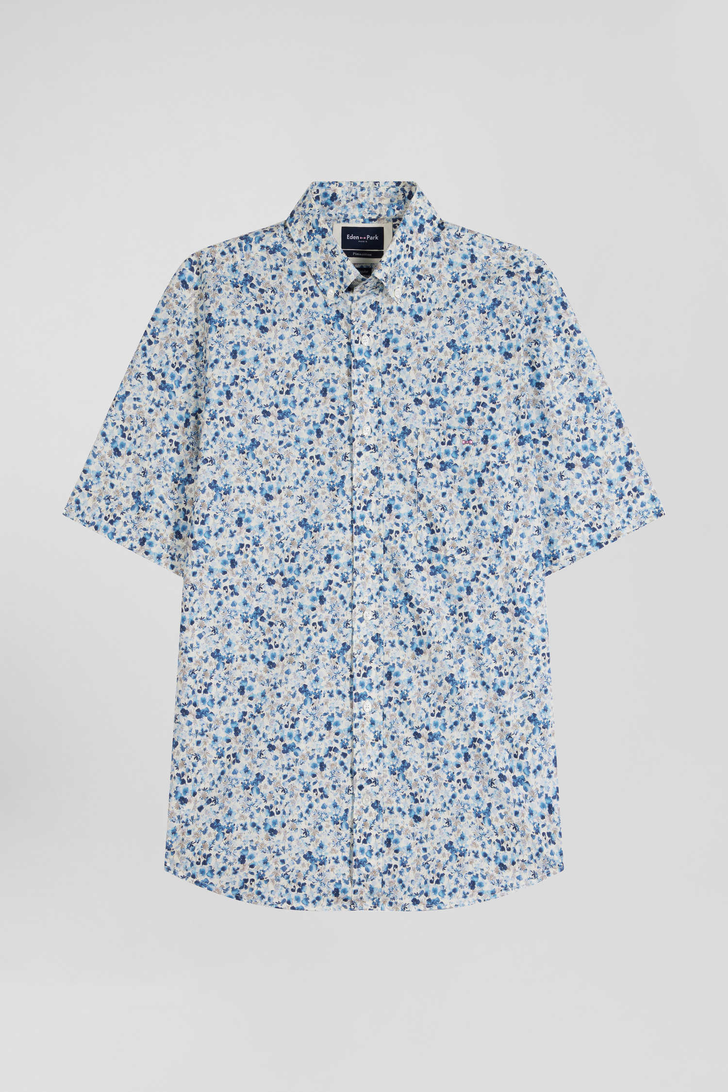 Regular ecru cotton short-sleeved shirt with micro floral print