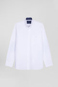 Chemise en popeline de coton blanche col boutonné et coudières imprimées coupe Regular